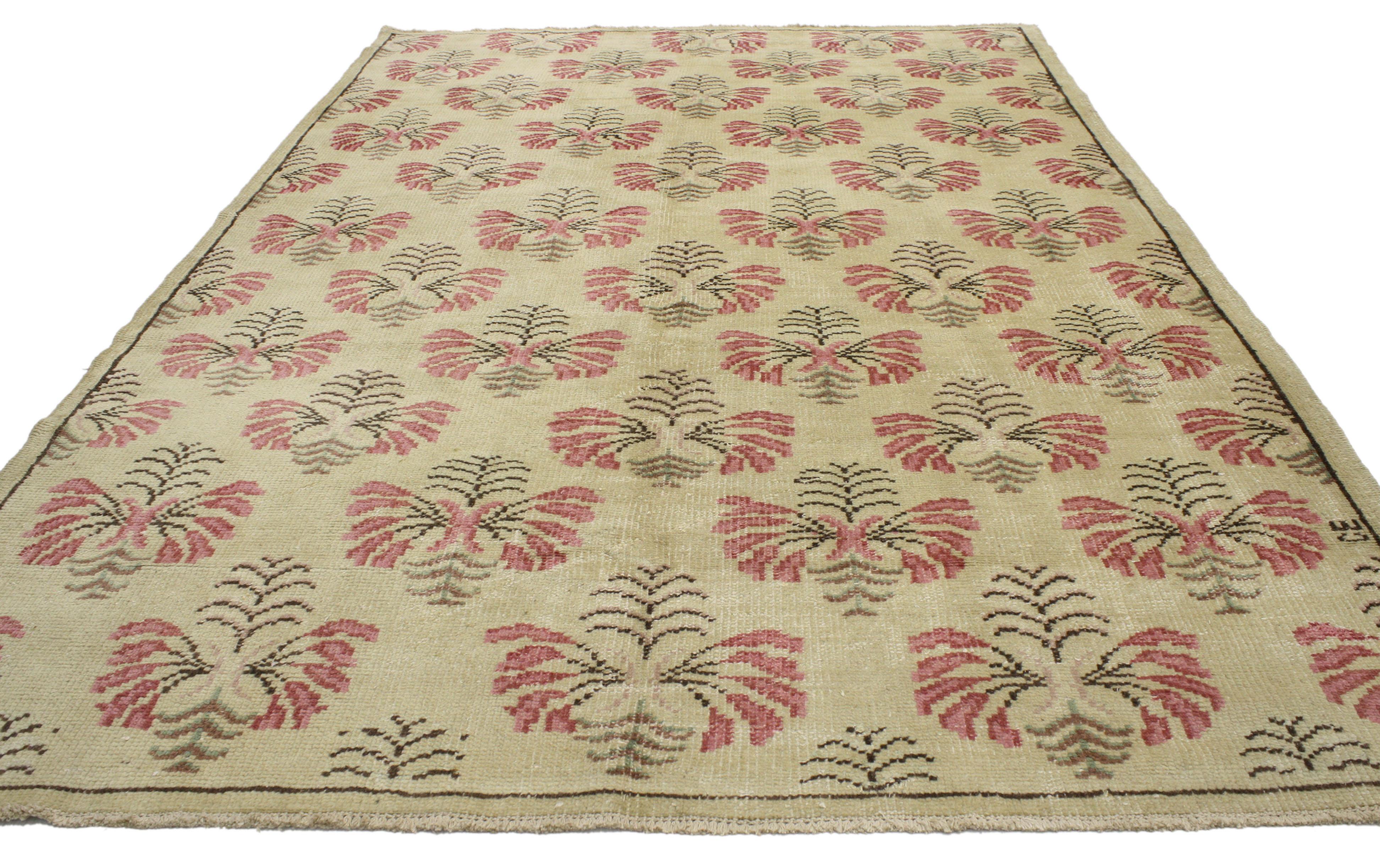 Hand-Knotted Vintage Turkish Oushak Rug with Shabby Chic Farmhouse Style For Sale