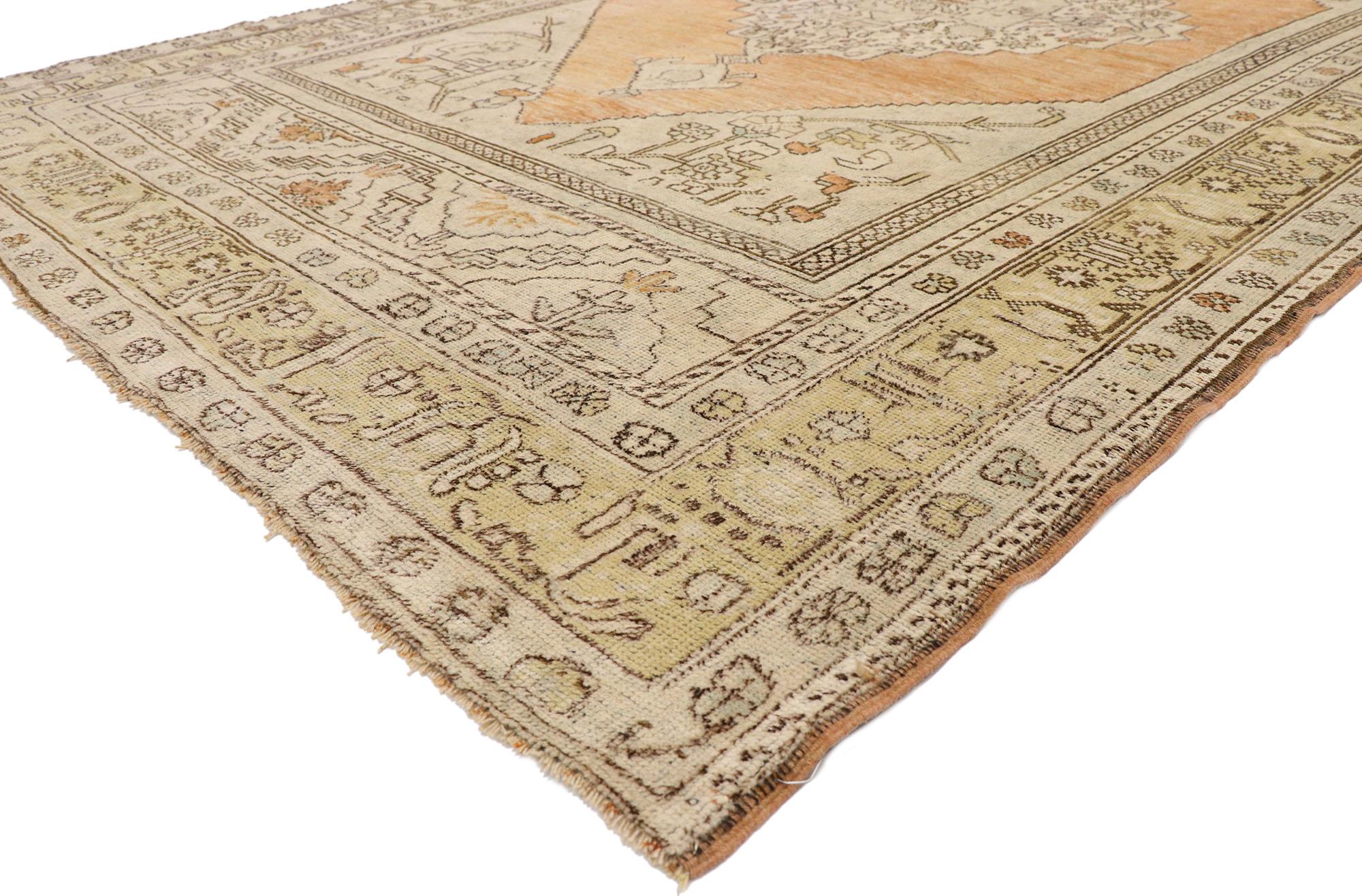 52806, vintage Turkish Oushak rug with shaker style and soft, subtle colors 06'01 x 10'07. Emanating grace and sophistication, this hand knotted wool vintage Turkish Oushak rug provides an elegant and genteel design aesthetic with soft subtle hues.