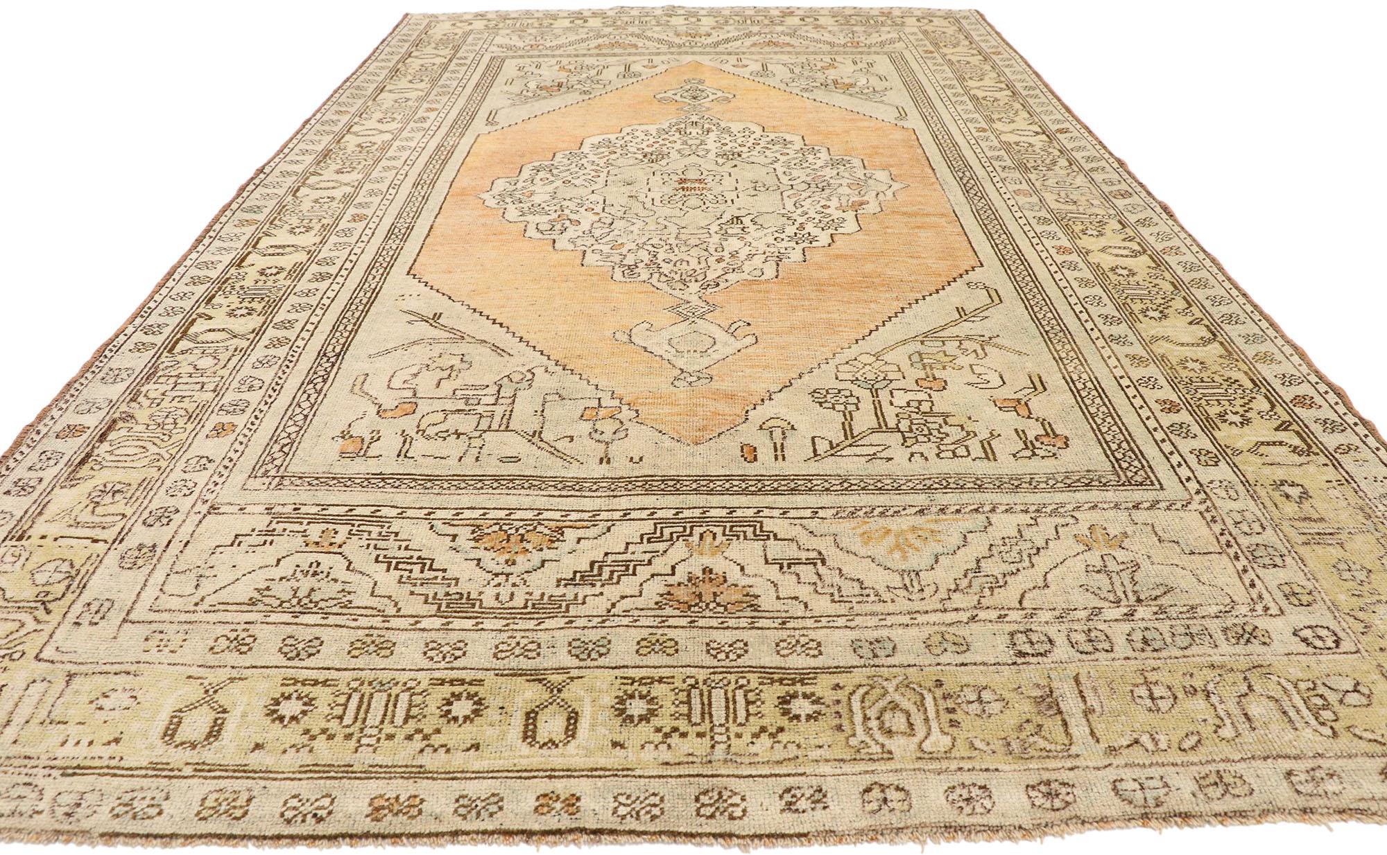 Hand-Knotted Vintage Turkish Oushak Rug with Shaker Style and Soft, Subtle Colors For Sale