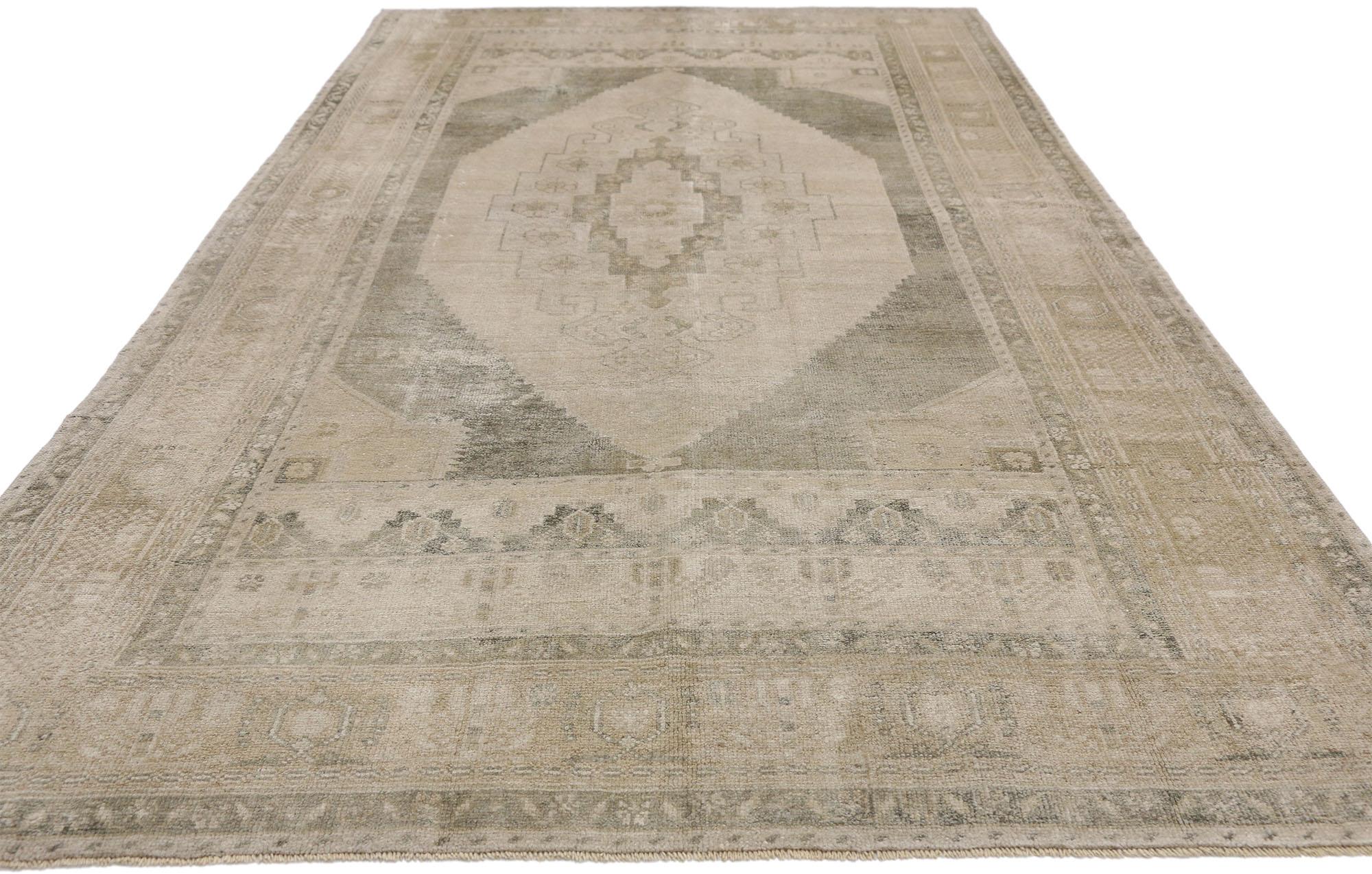 52441 Vintage Turkish Oushak Rug with Shaker Style. In this hand knotted wool vintage Turkish Oushak rug, we bare witness to the successful application of design principles touted by the Shaker aesthetic. With reverence for a unique way of life,