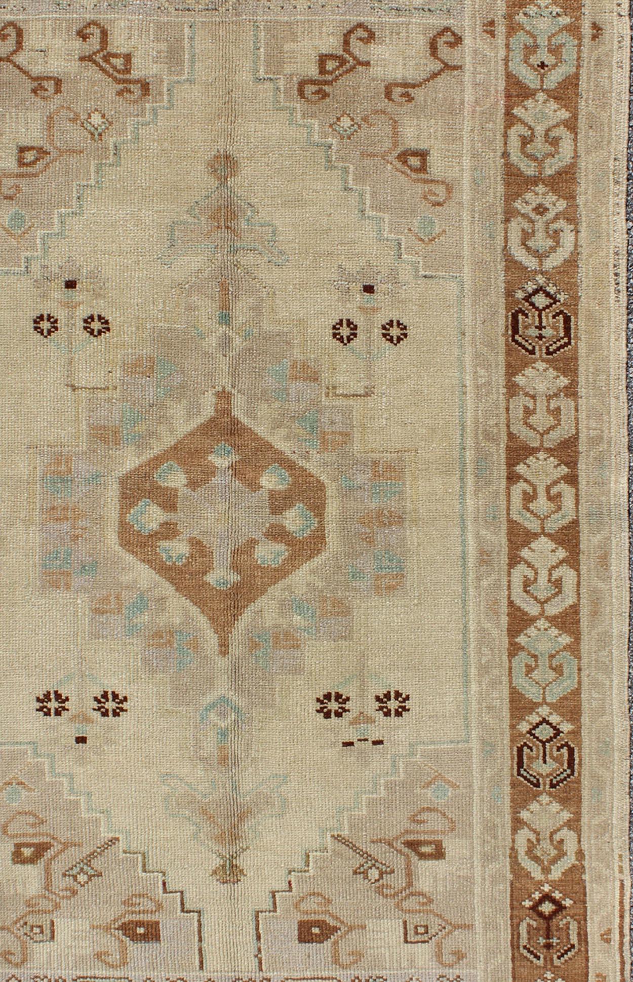 Hand-Knotted Vintage Turkish Oushak Rug with Soft Beige, Muted Blue, and Warm Brown 3'4 x 6'2 For Sale