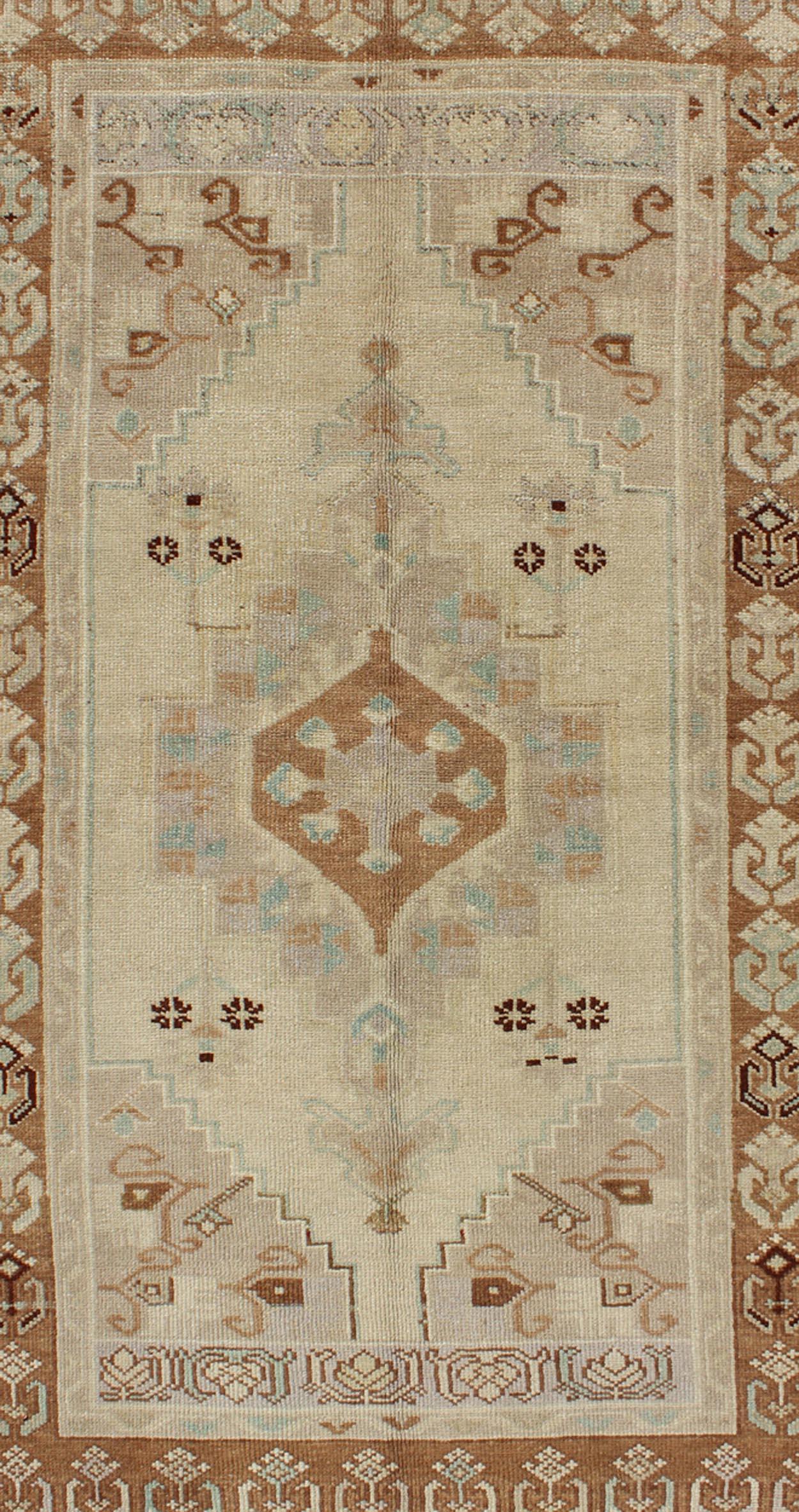 Wool Vintage Turkish Oushak Rug with Soft Beige, Muted Blue, and Warm Brown 3'4 x 6'2 For Sale