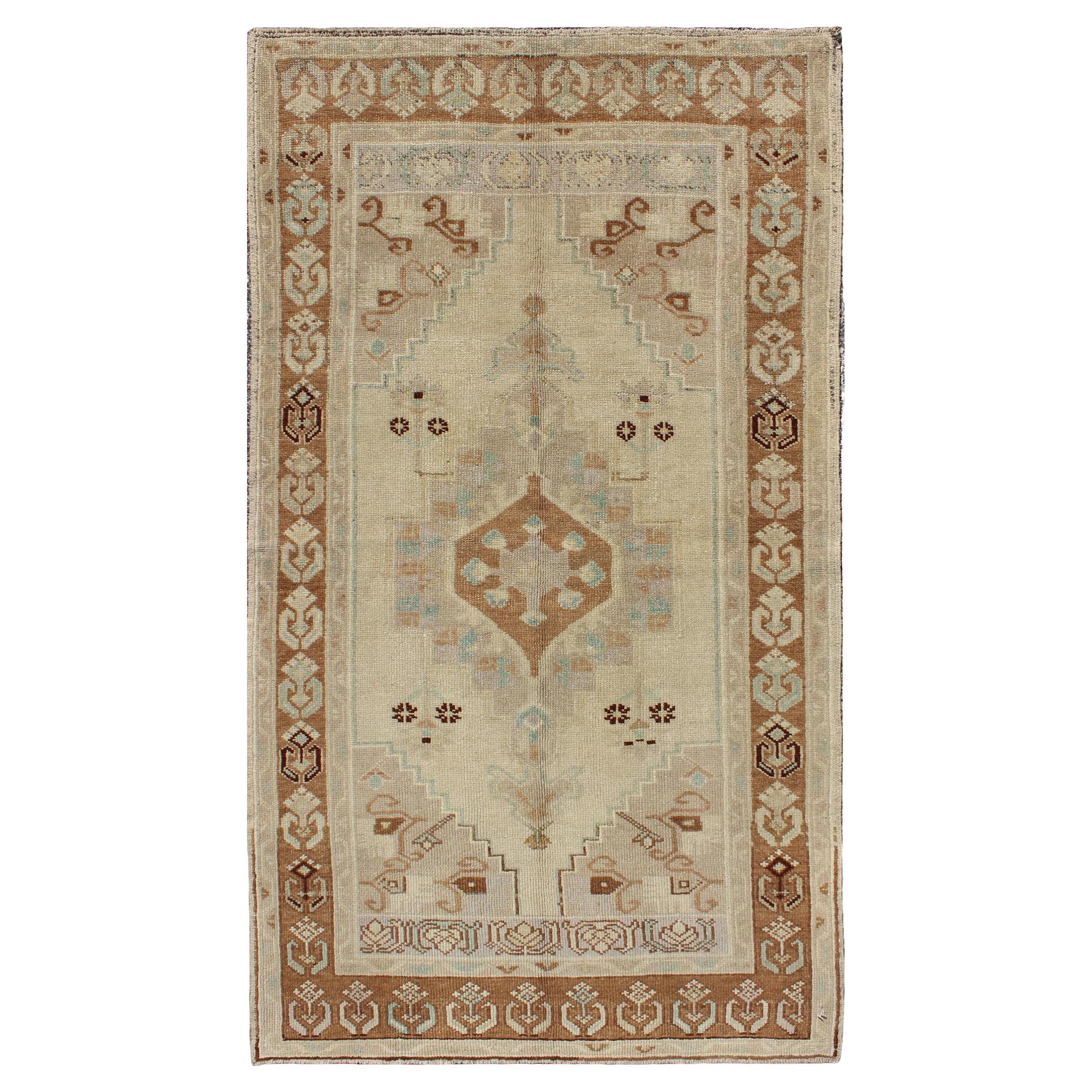 Vintage Turkish Oushak Rug with Soft Beige, Muted Blue, and Warm Brown 3'4 x 6'2 For Sale