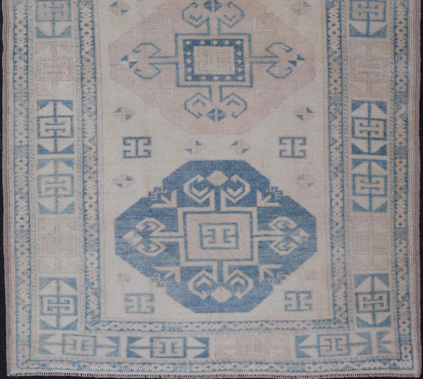 Vintage Turkish Oushak Rug with Soft Blues and Cream Geometric Patterns ...