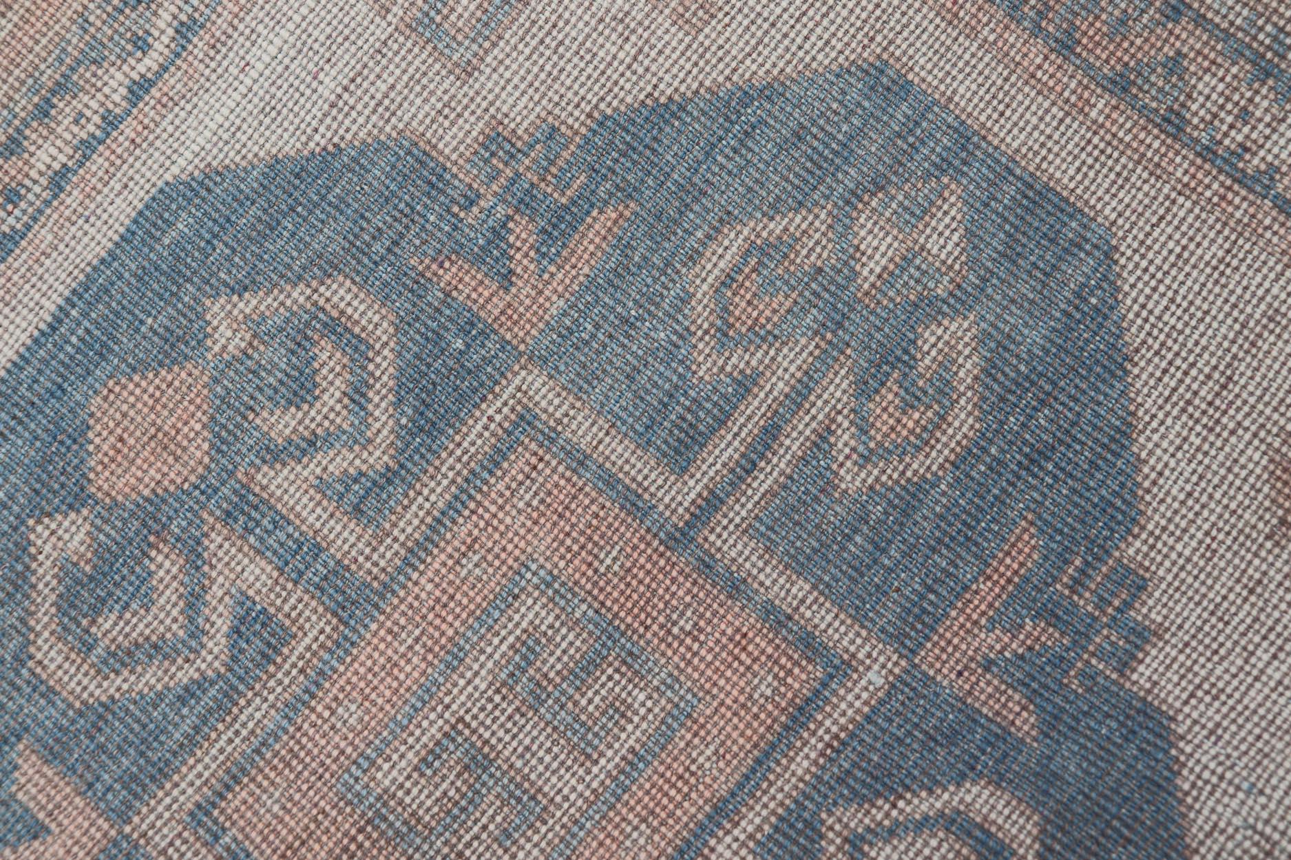 Vintage Turkish Oushak Rug with Soft Blues and Cream Geometric Patterns ...