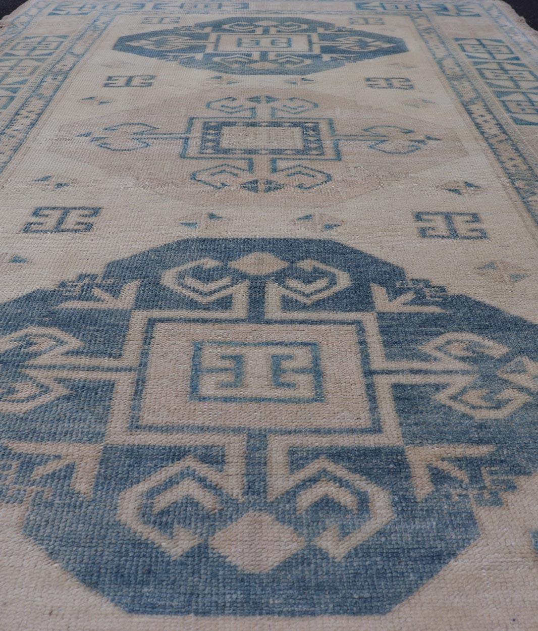 Vintage Turkish Oushak Rug with Soft Blues and Cream Geometric Patterns ...