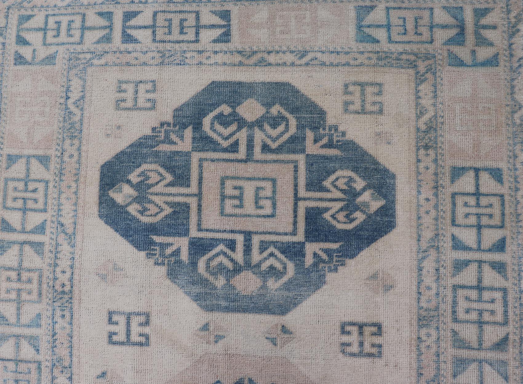 Vintage Turkish Oushak Rug with Soft Blues and Cream Geometric Patterns ...