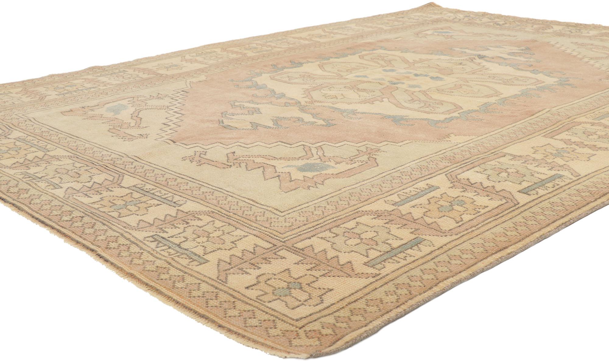 53724 Vintage Pink Oushak Turkish Rug, 5'10 x 8'02. 
Tribal enchantment meets modern bohemian in this hand knotted wool vintage Turkish Oushak rug. The abrashed cut-out field features a large botanical center medallion anchored with serrated