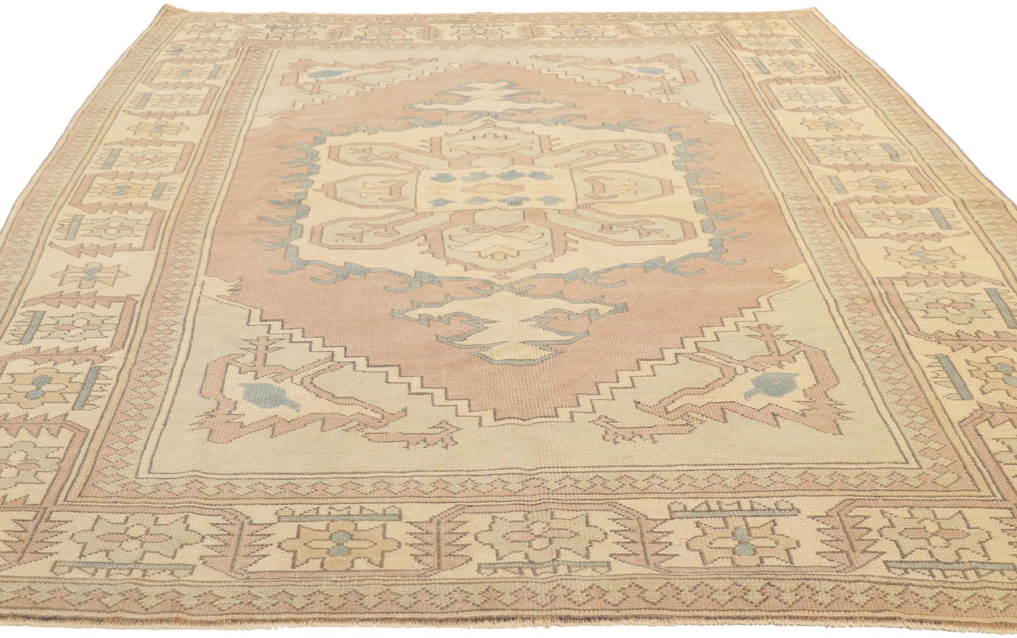Hand-Knotted Vintage Pink Turkish Oushak Rug, Tribal Enchantment Meets Modern Bohemian For Sale