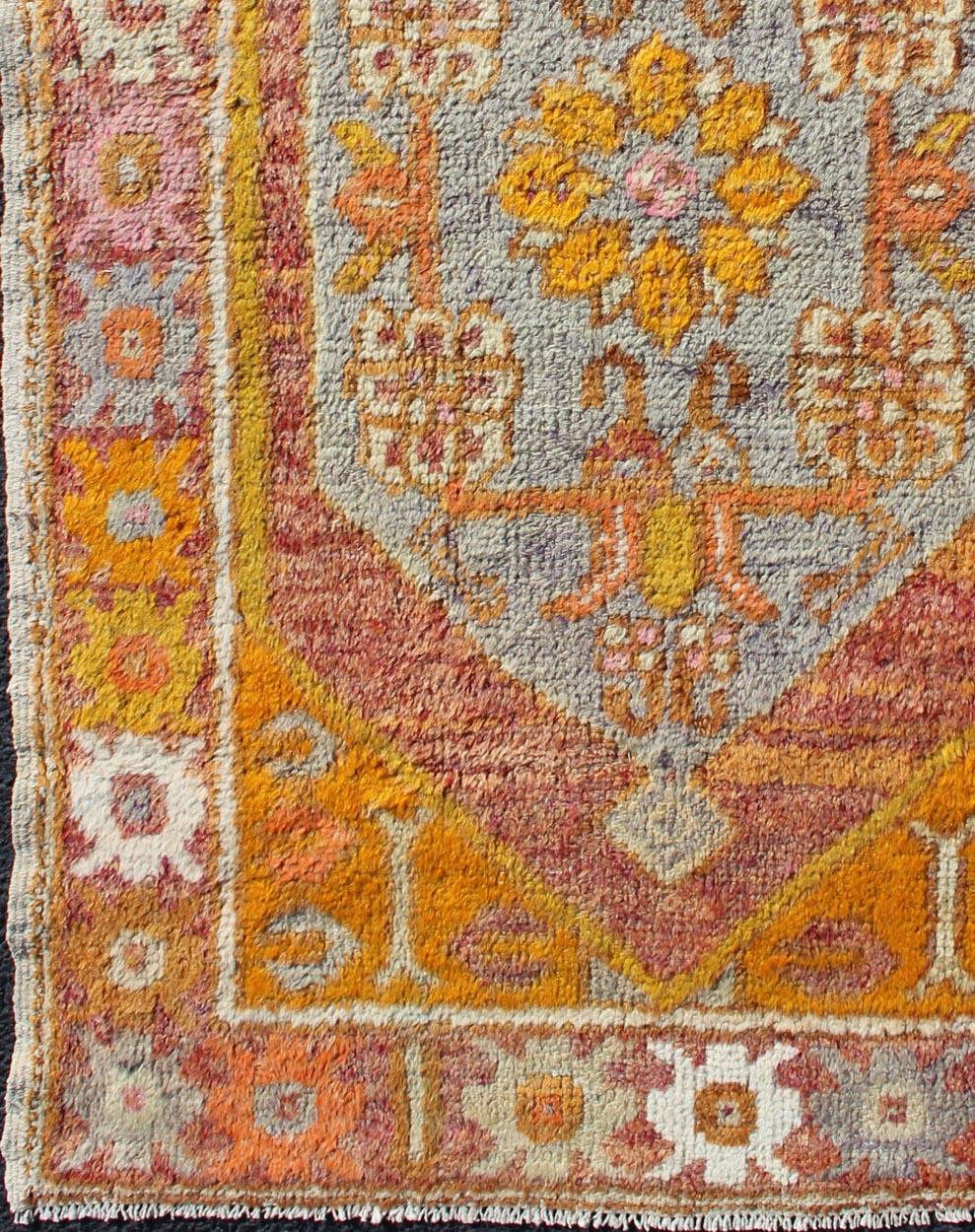 Hand-Knotted Vintage Turkish Oushak Rug with Soft Gray and Vibrant Orange 2'10 x 4'5 For Sale