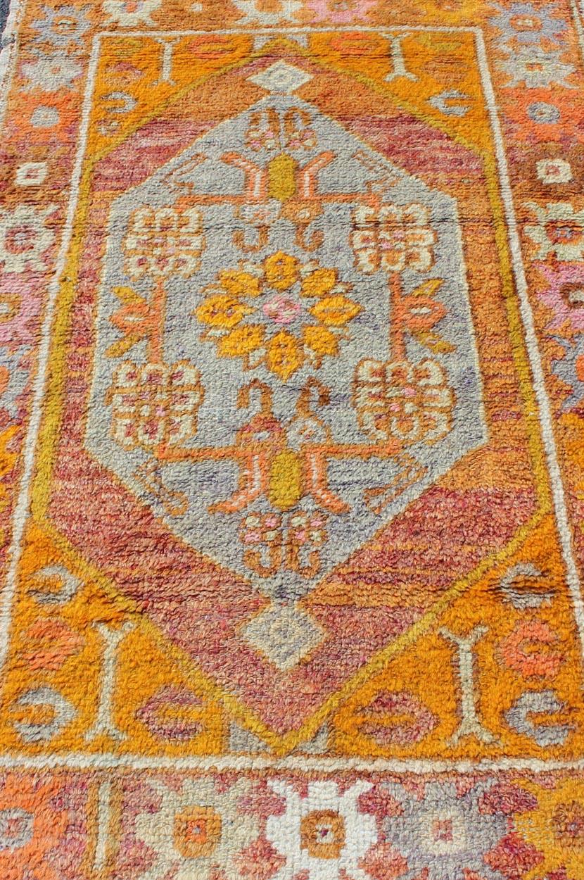 Wool Vintage Turkish Oushak Rug with Soft Gray and Vibrant Orange 2'10 x 4'5 For Sale