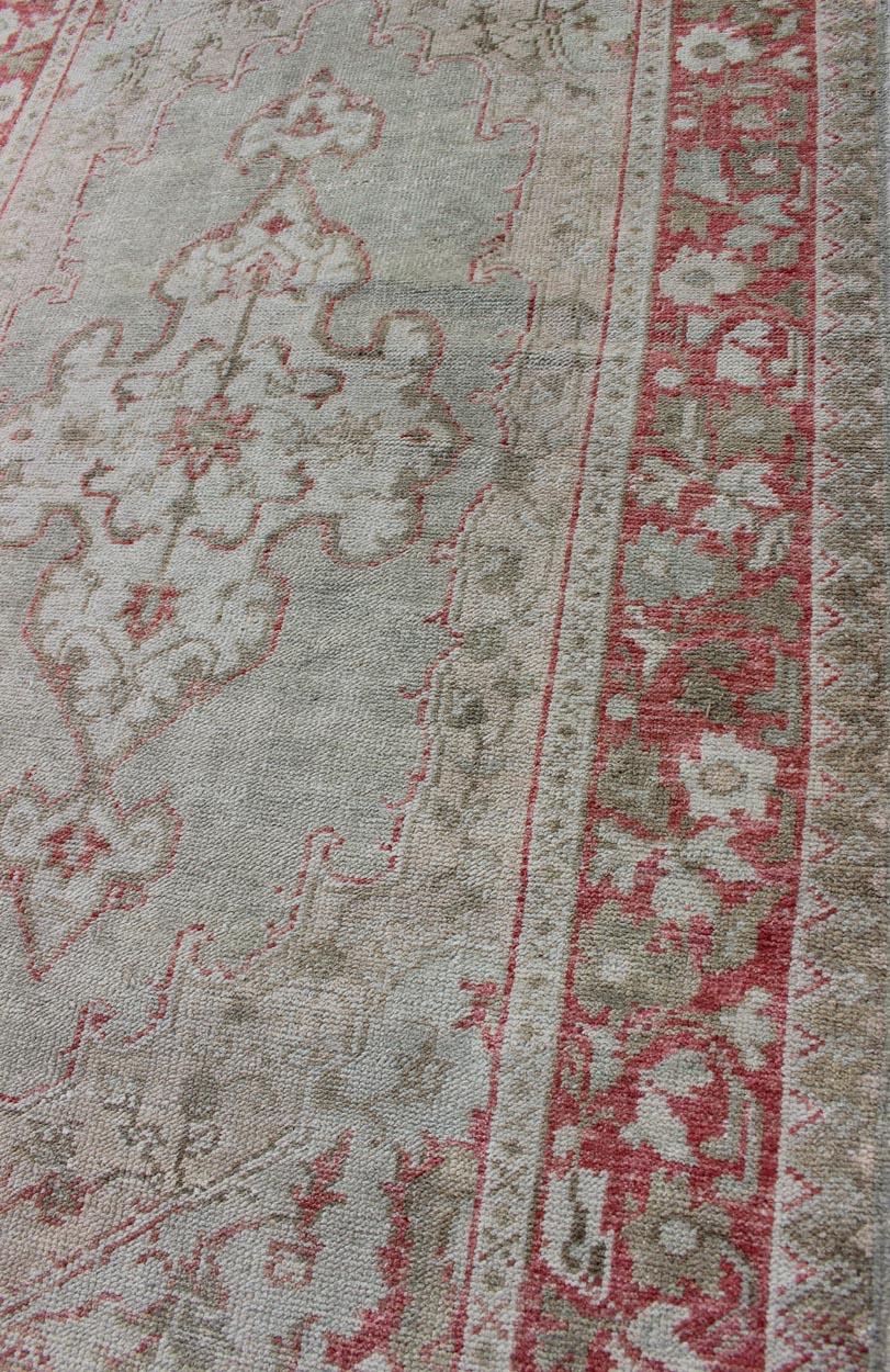 Vintage Turkish Oushak Rug with Soft Gray Field and Rose-Red Floral 3'6 x 6'3 In Good Condition For Sale In Atlanta, GA