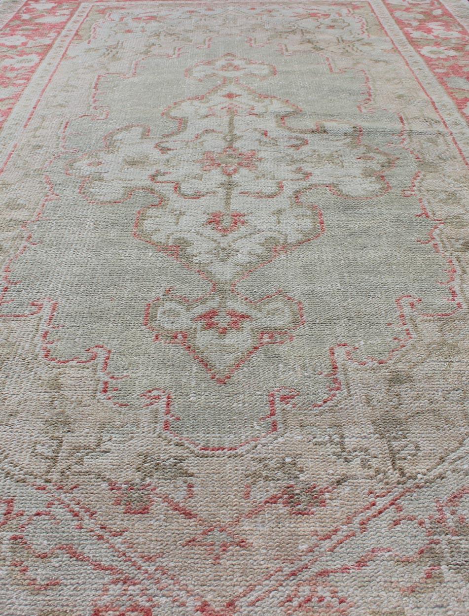 20th Century Vintage Turkish Oushak Rug with Soft Gray Field and Rose-Red Floral 3'6 x 6'3 For Sale