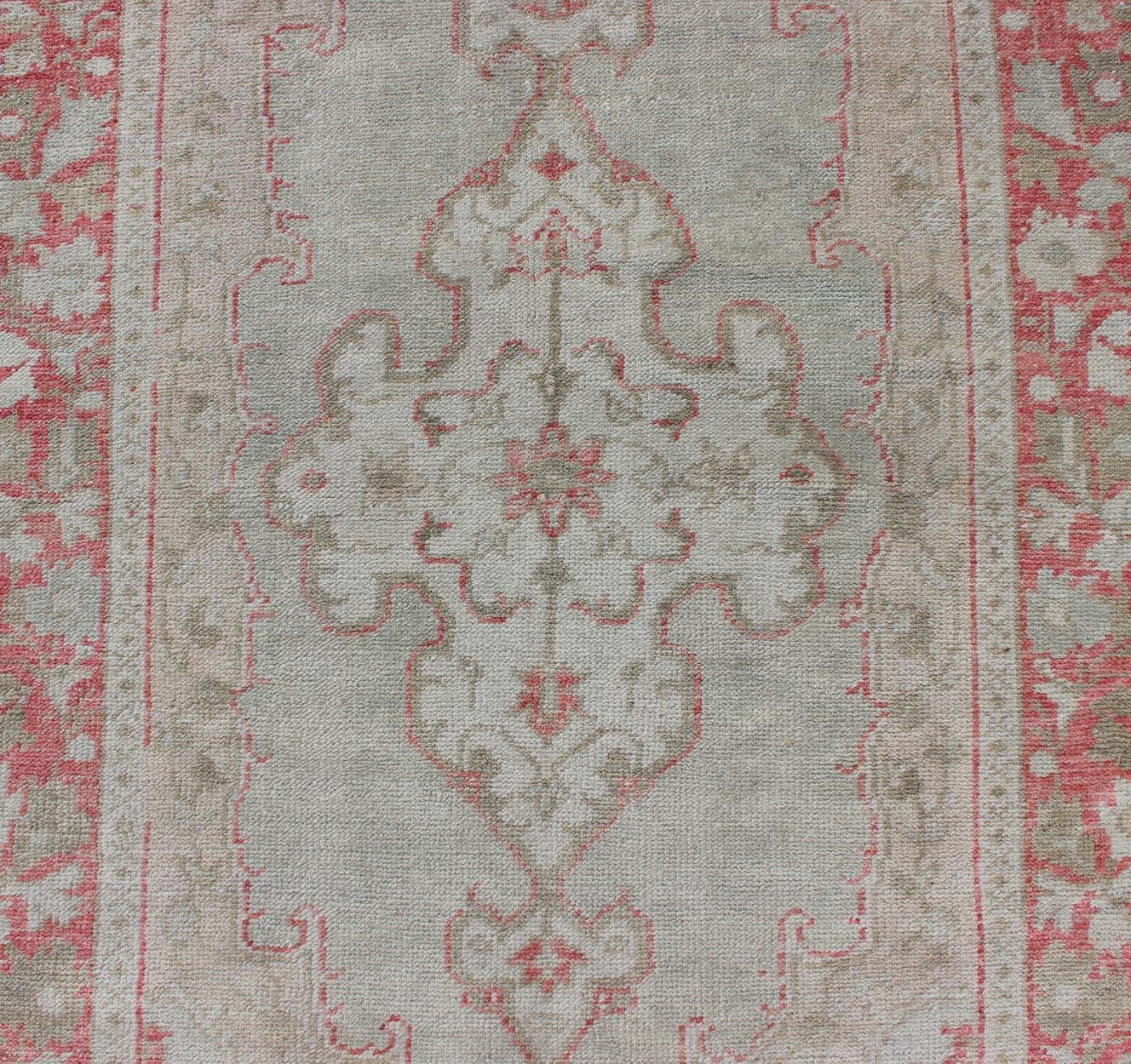 Wool Vintage Turkish Oushak Rug with Soft Gray Field and Rose-Red Floral 3'6 x 6'3 For Sale