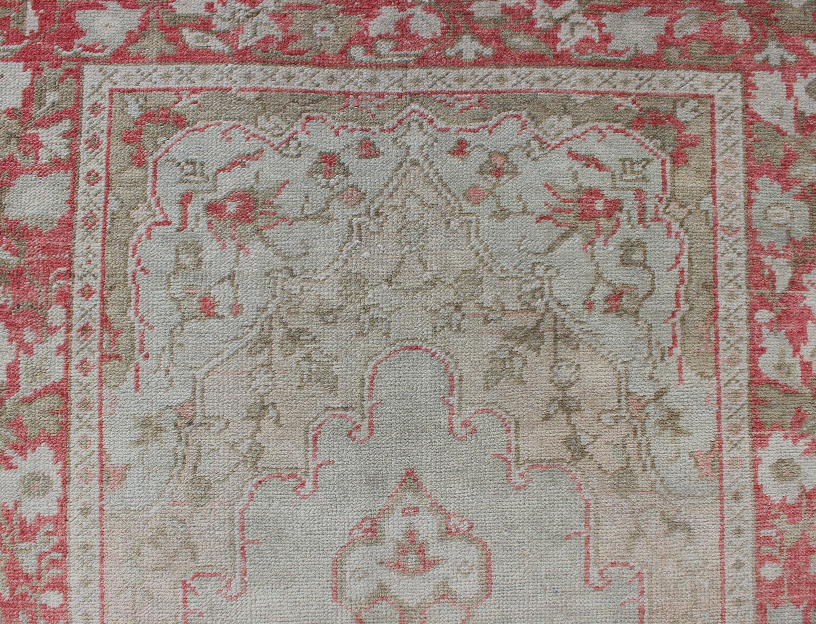 Vintage Turkish Oushak Rug with Soft Gray Field and Rose-Red Floral 3'6 x 6'3 For Sale 1