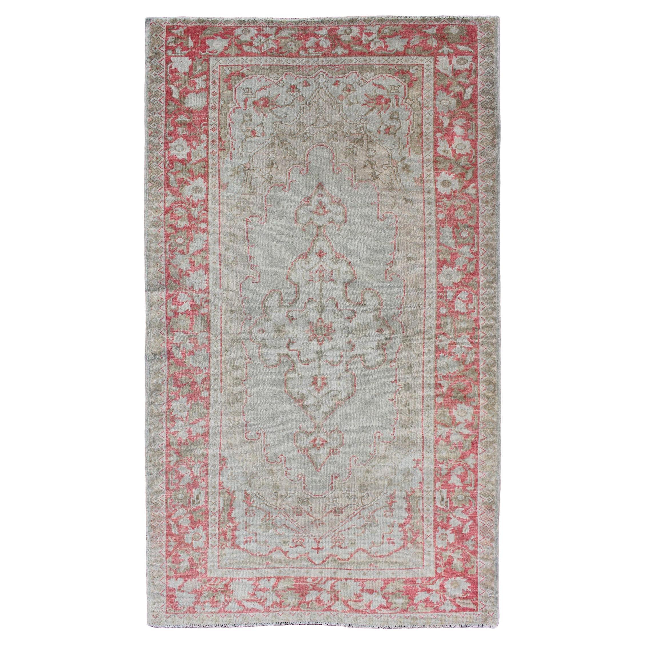 Vintage Turkish Oushak Rug with Soft Gray Field and Rose-Red Floral 3'6 x 6'3 For Sale