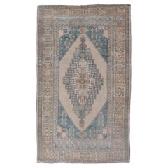 Vintage Turkish Oushak Rug with Soft Ivory and Aqua Blue Geometric Medallion