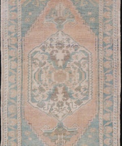 Vintage Turkish Oushak Rug with Soft Peach Field and Pale Aqua Accents