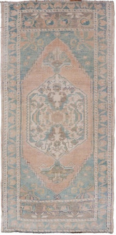 Vintage Turkish Oushak Rug with Soft Peach Field and Pale Aqua Accents