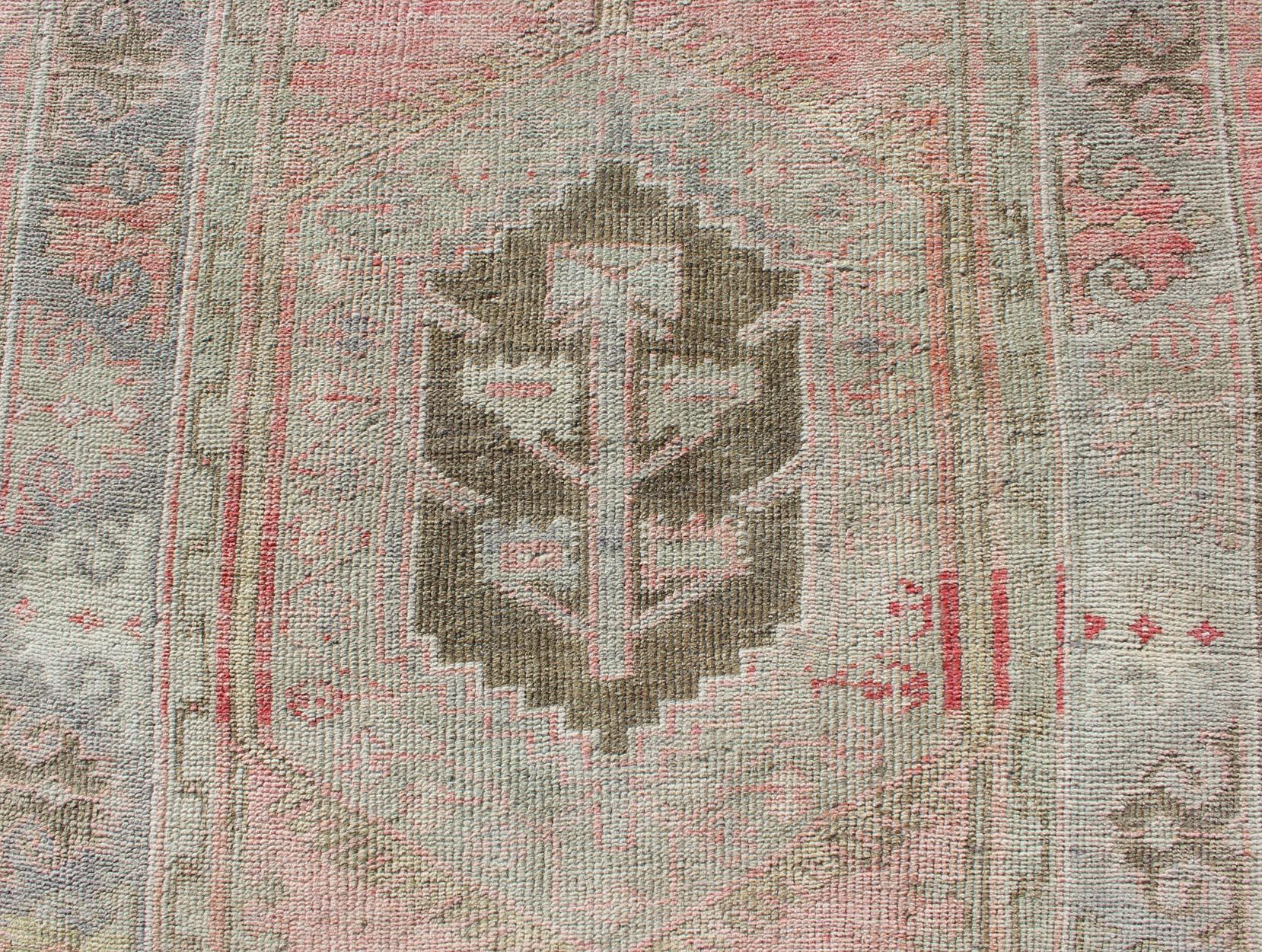Measures: 3'2 x 5'9
Vintage Turkish Oushak Rug with Soft Taupe and Blush Pink Accents 3'2 x 5'9. Keivan Woven Arts / Rug/ EN-179658, country of origin / type: Turkey / Oushak, circa 1940.

This vintage Turkish Oushak rug, a piece that embodies the