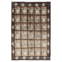 Vintage Turkish Oushak Rug with Squared Panel Design in Shades of Brown