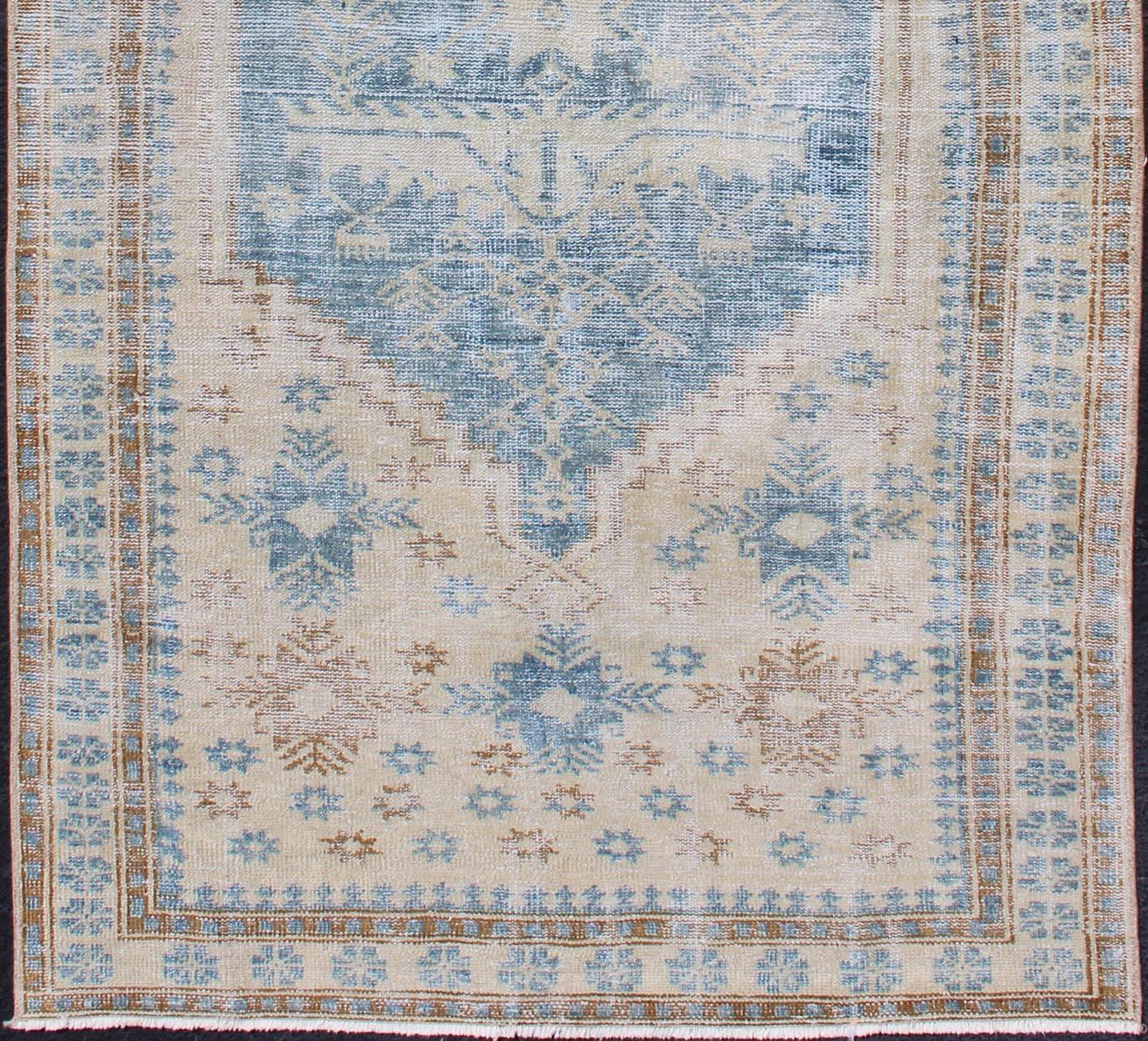 Medallion Design Persian  antique Rug with Tribal Design in Blue and Butter, rug SUS-1909-162, country of origin / type: Iran / Mahal, circa 1930

This antique carpet (circa mid-20th century) features a central, hexagonal medallion design, as well