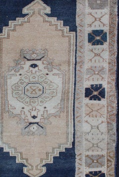 Vintage Turkish Oushak Rug with Stylized Medallion in Midnight Blue and Cream