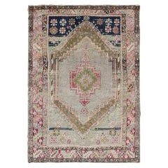 Vintage Turkish Oushak Rug with Stylized Medallion in Midnight Blue and Cream