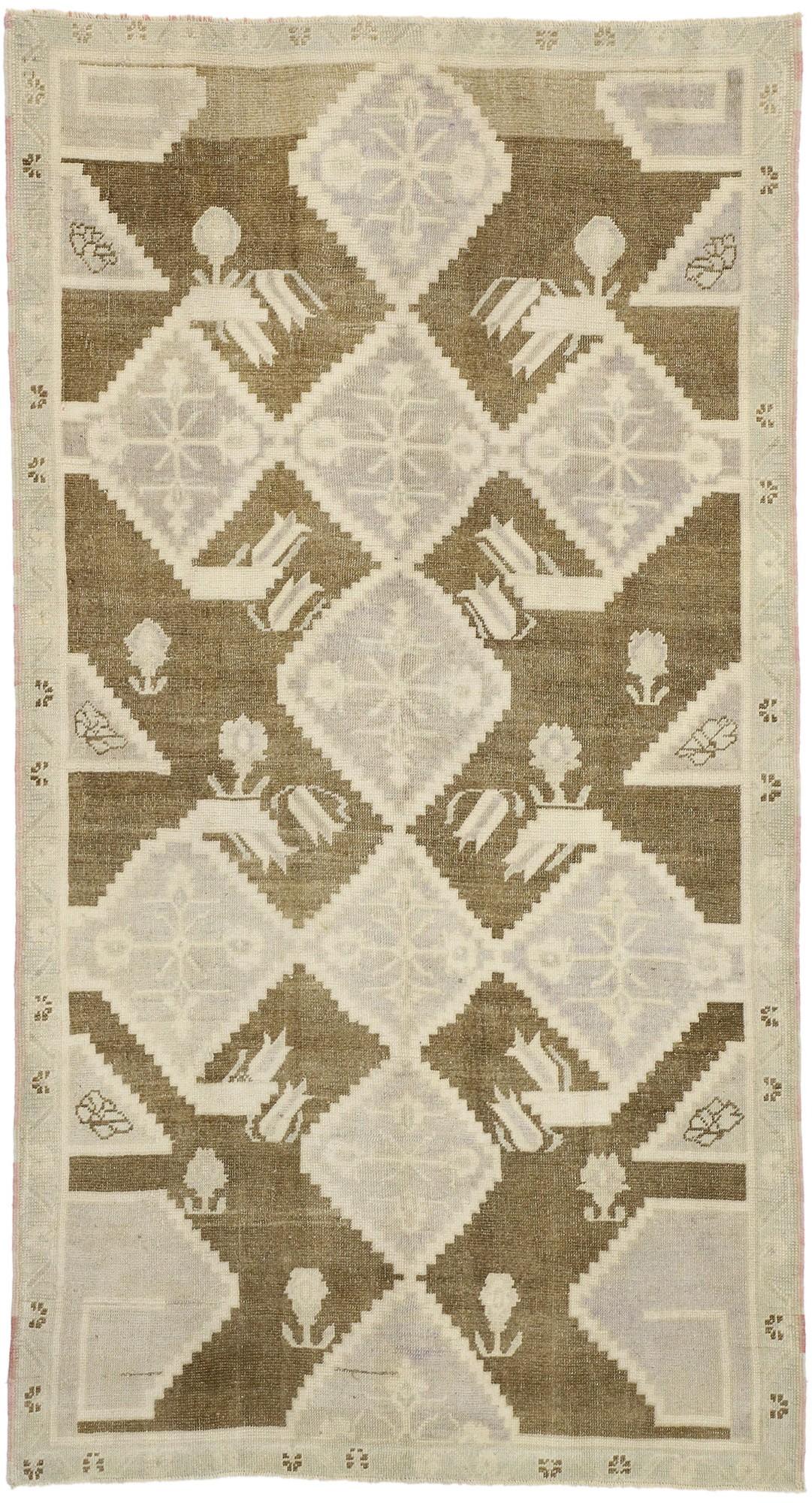 52469 Vintage Turkish Oushak Rug with Swedish Cottage Style. This gorgeous authentic hand knotted wool vintage Turkish Oushak Rug features all the charms of Swedish Cottage Style. Soothing colors evoke calm and balance. The palette provides a soft