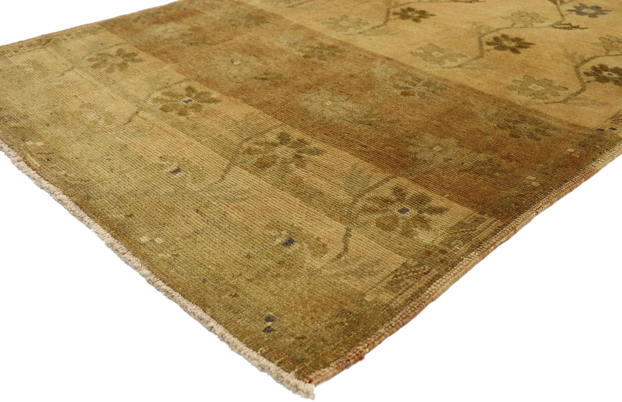 50128 Vintage Turkish Oushak Rug, 03'05 X 06'00. Antique-washed Turkish Oushak rugs, originating from the Oushak region in western Turkey, undergo a meticulous washing process to soften colors and introduce subtle variations mimicking natural aging.