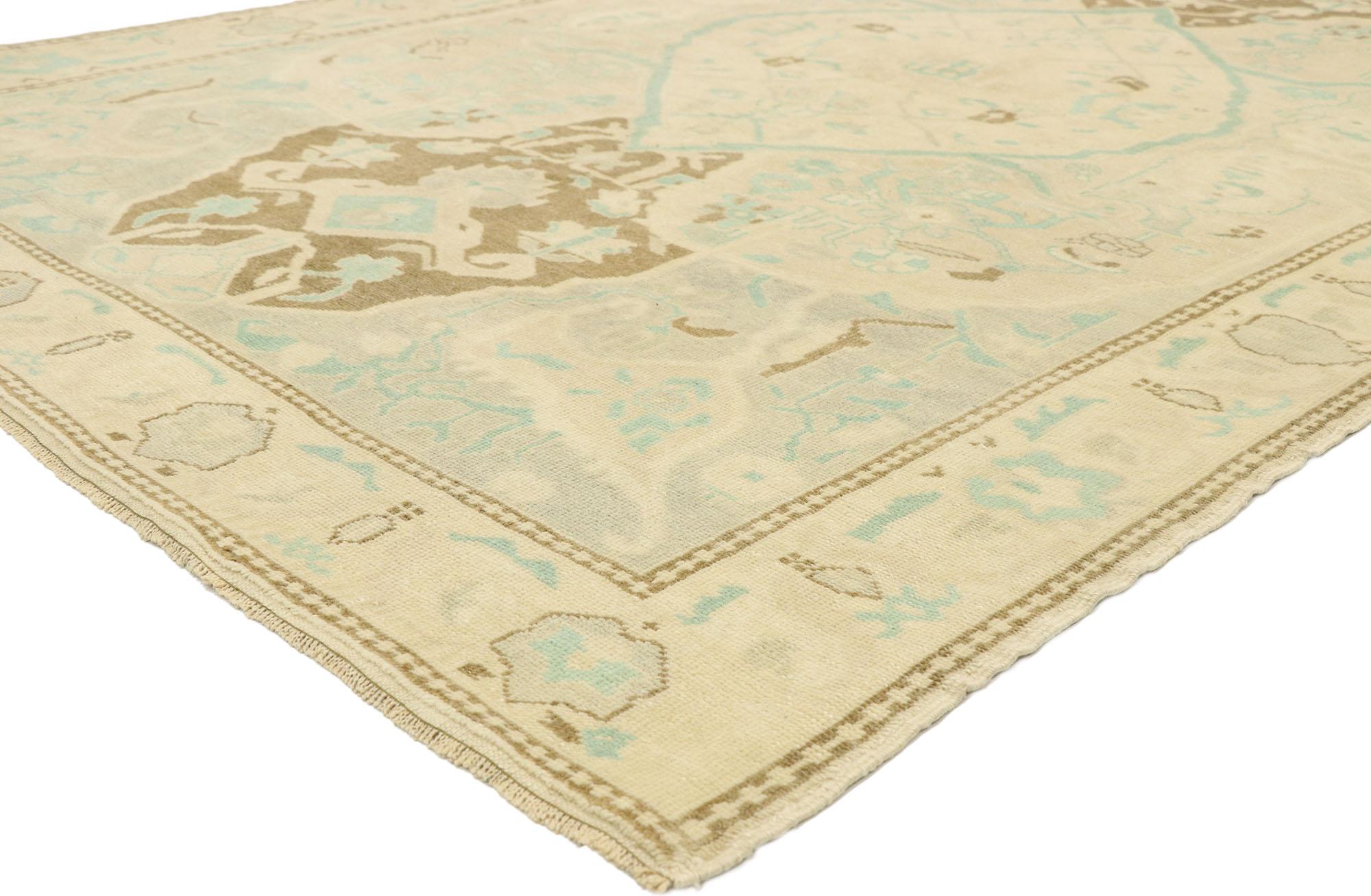 52965 vintage Turkish Oushak rug with Swedish Gustavian Cottage style 05'08 x 08'07. Balancing Swedish simplicity with Gustavian grace, this hand knotted wool vintage Turkish Oushak rug displays nostalgic charm and inimitable warmth. The abrashed