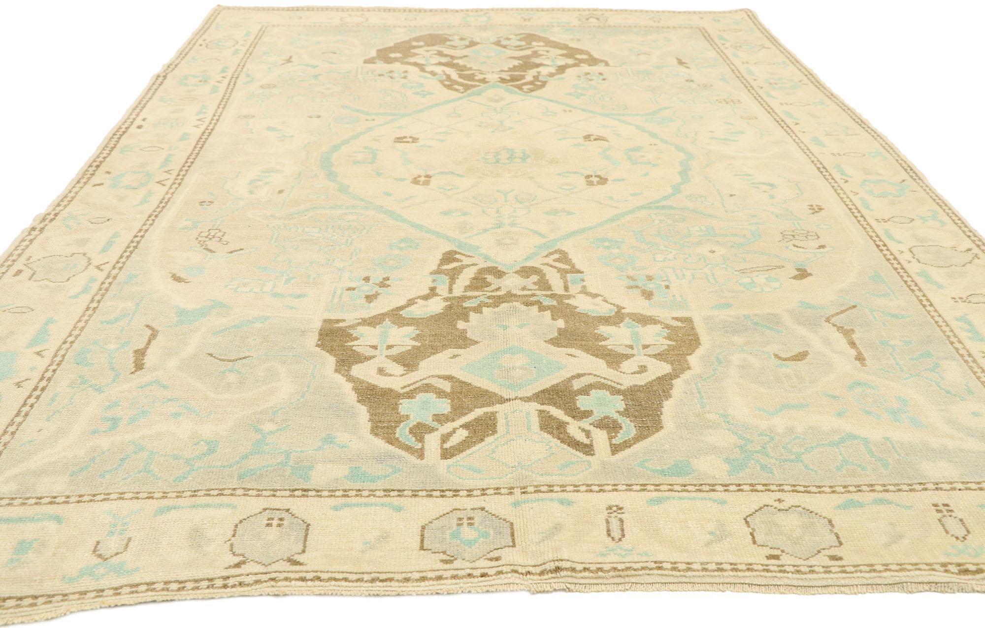 Hand-Knotted Vintage Turkish Oushak Rug with Swedish Gustavian Cottage Style For Sale