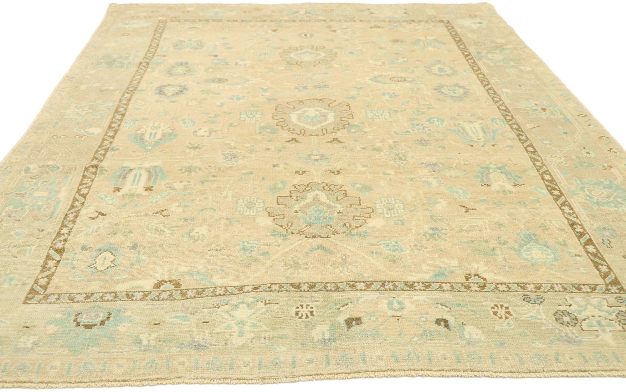 Hand-Knotted Vintage Turkish Oushak Rug with Swedish Gustavian Cottage Style For Sale