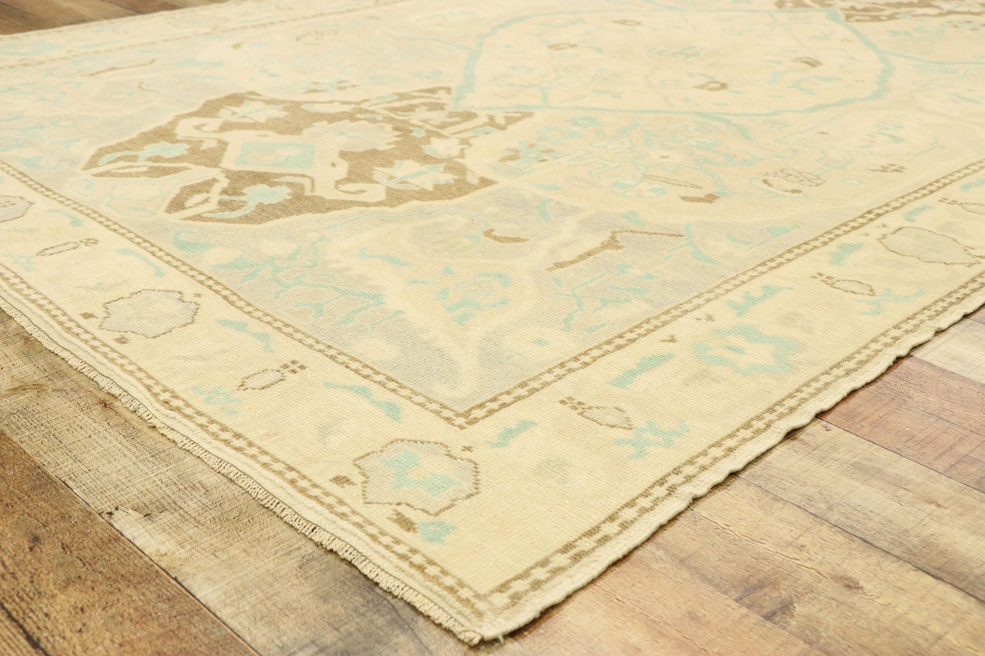 Wool Vintage Turkish Oushak Rug with Swedish Gustavian Cottage Style For Sale