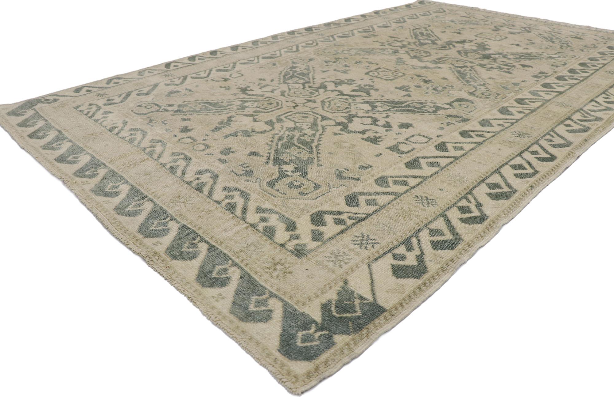 53625 vintage Turkish Oushak rug with Swedish Gustavian style 04'10 x 08'01. Drawing inspiration from Swedish simplicity and Gustavian grace, this hand knotted wool Turkish Oushak rug displays nostalgic charm and inimitable warmth. The abrashed tan