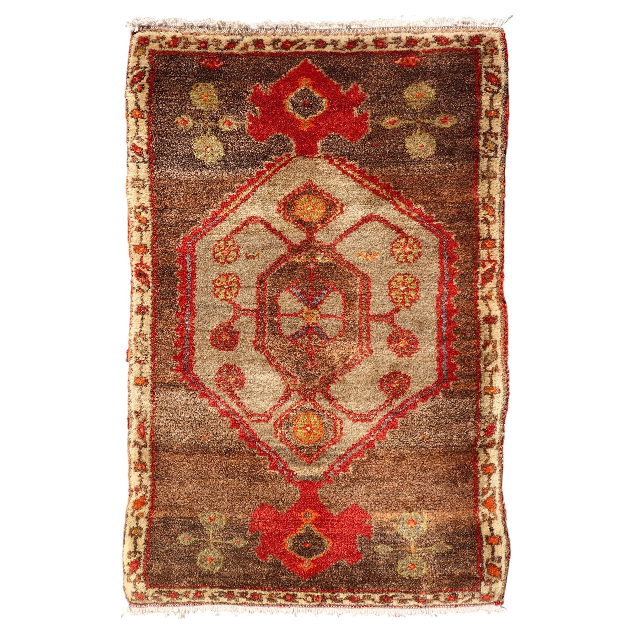 Vintage Turkish Oushak Rug with Taupe Medallion and Rich Brown Field