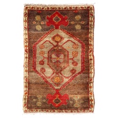 Vintage Turkish Oushak Rug with Taupe Medallion and Rich Brown Field