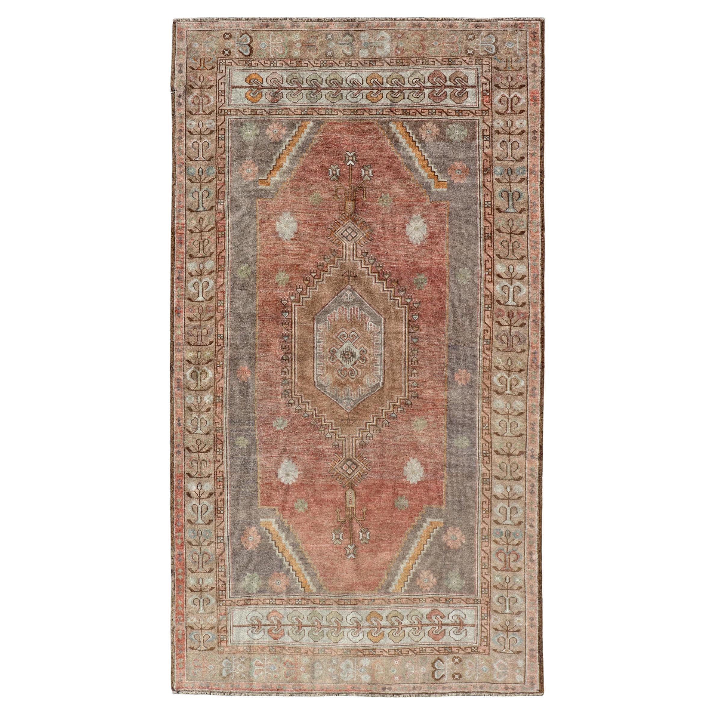 Vintage Turkish Oushak Rug with Terracotta Field and Geometric Medallion 4'9 x 9