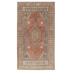 Vintage Turkish Oushak Rug with Terracotta Field and Geometric Medallion