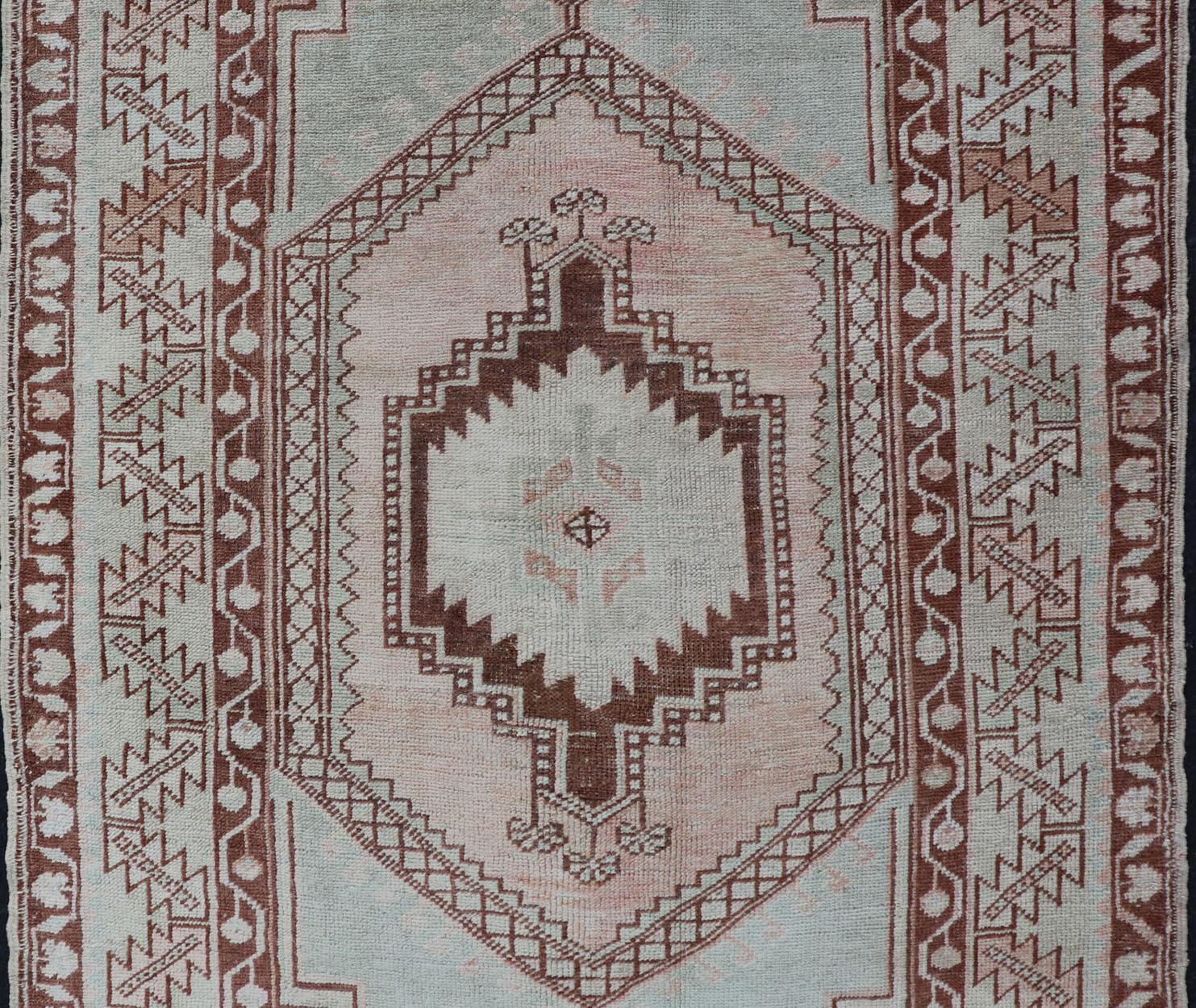 Hand-Knotted Vintage Turkish Oushak Rug with Traditional Design in Muted Blue, Brown, Salmon For Sale