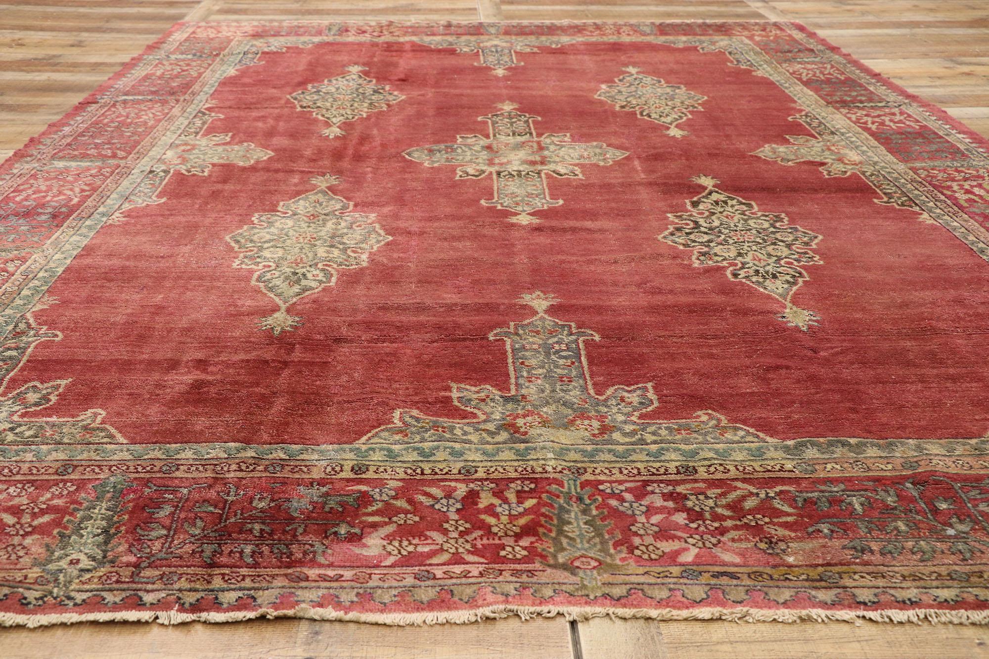 Vintage Turkish Oushak Rug with Rustic Luxe Jacobean Style In Distressed Condition For Sale In Dallas, TX