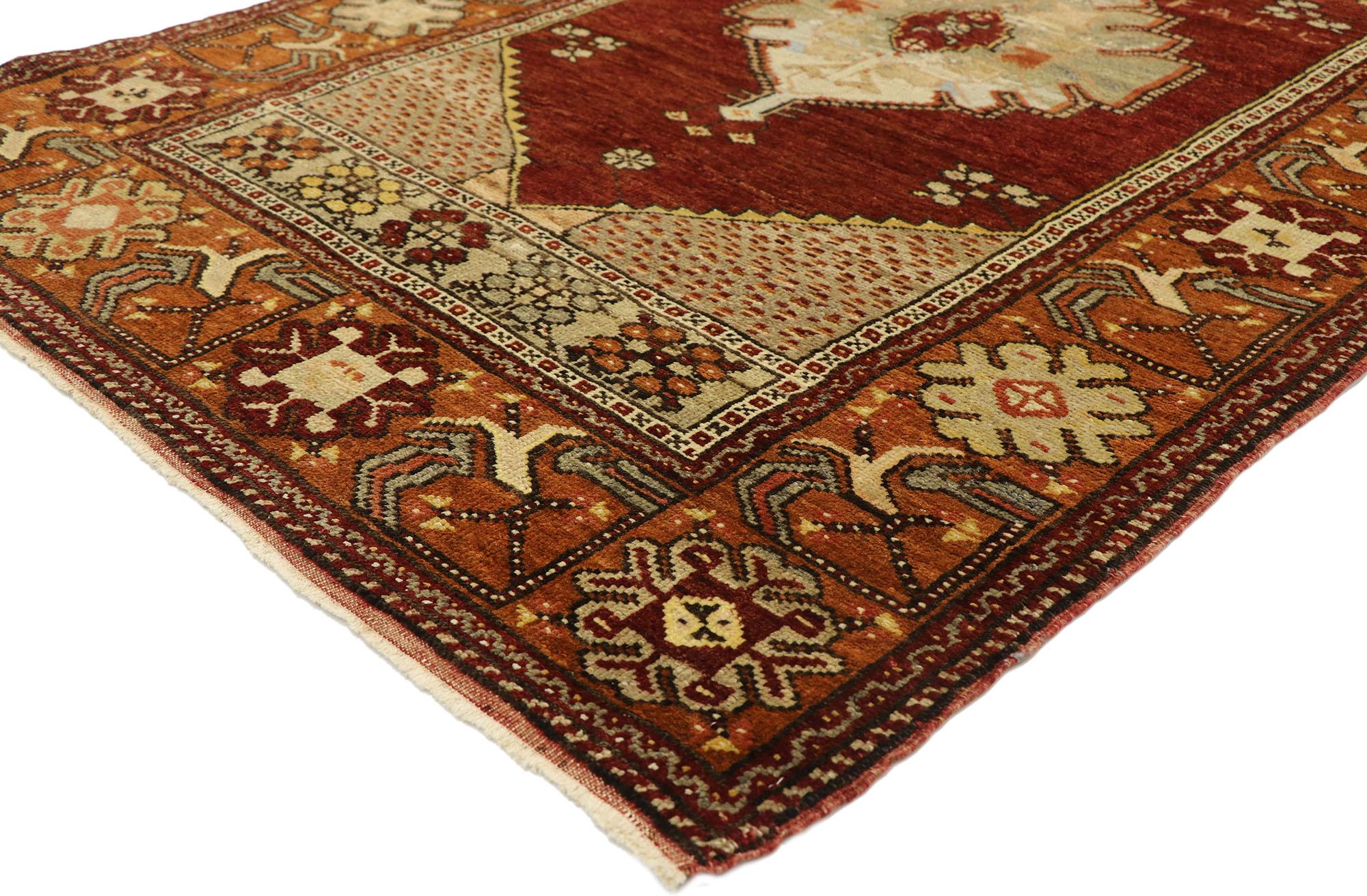 73844 Vintage Turkish Oushak Rug, 03’10 x 06’02. A reverent artifact of Anatolian memory, this vintage Turkish Oushak rug bears more than the beauty of hand-knotted wool—it carries the names of its maker, inscribed like whispers from the past. With