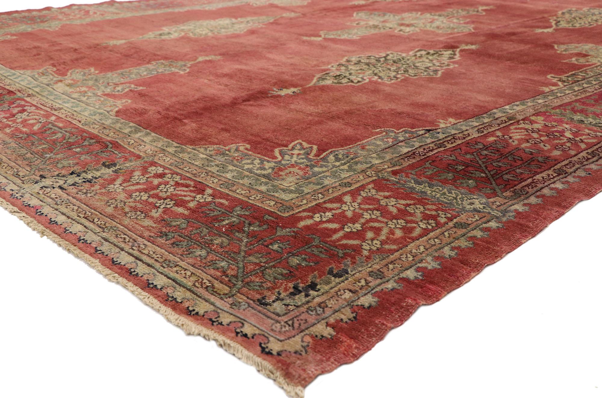 51636 Vintage Turkish Oushak Rug with Rustic Luxe Jacobean Style 08'06 x 12'02. This regal vintage Turkish Oushak rug appears like a sumptuous Italian velvet, recalling the rich and luxurious design furnishings of a bygone era such as the reign of