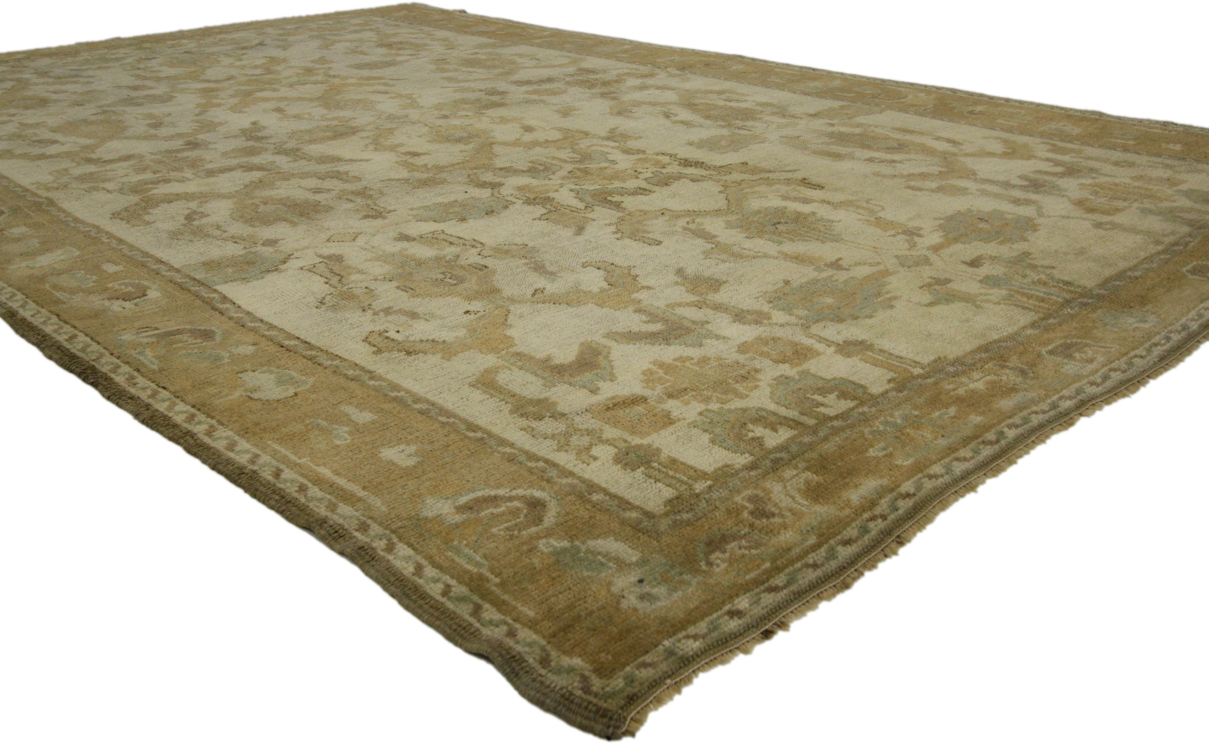 73744 Vintage Turkish Oushak Rug with Monochromatic Mission Style and Neutral Colors. This hand-knotted wool vintage Turkish Oushak rug features an all-over pattern composed of serrated curved sickle leaves, leafy tendrils, stylized florals,