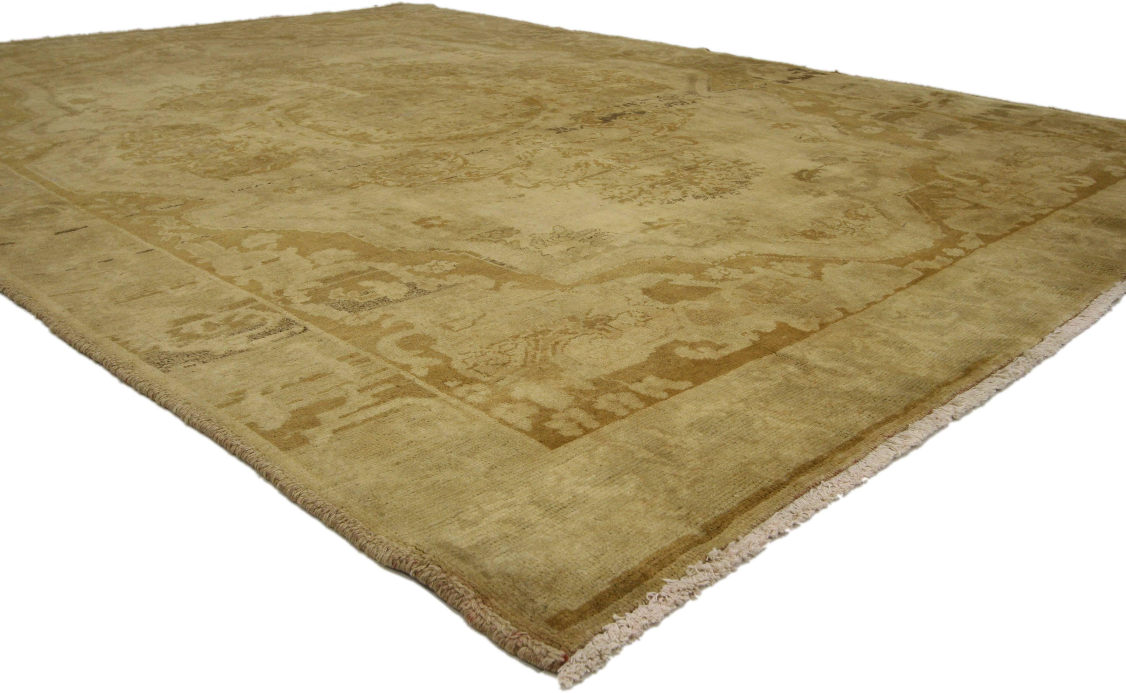 Hand-Knotted Vintage Gold Turkish Oushak Rug, Timeless Elegance Meets Biophilic Design For Sale