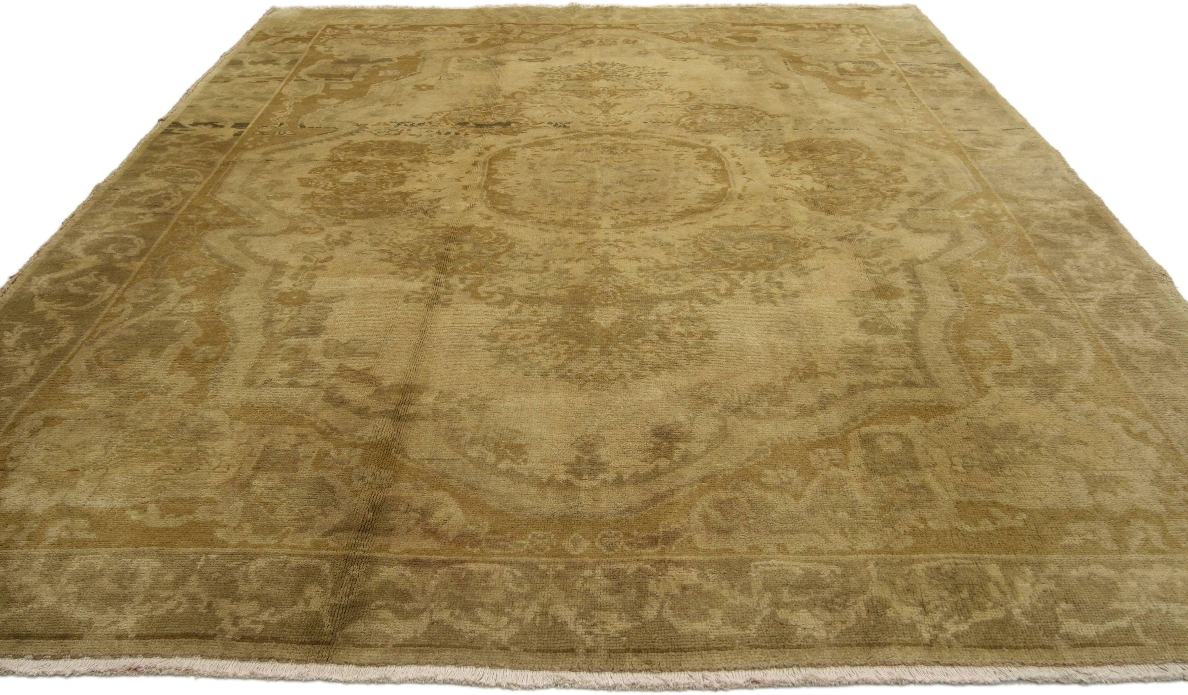 20th Century Vintage Gold Turkish Oushak Rug, Timeless Elegance Meets Biophilic Design For Sale