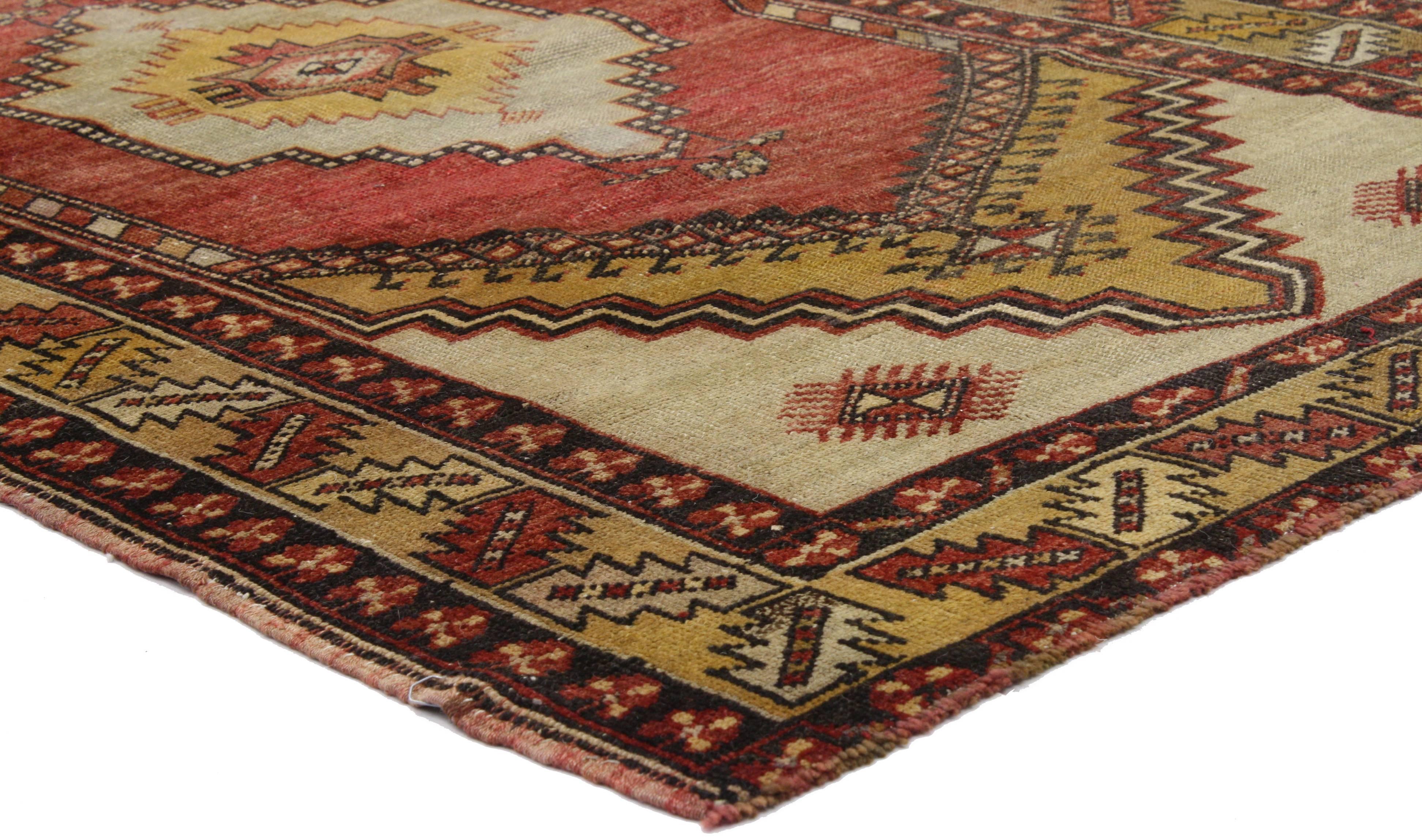 Hand-Knotted Vintage Turkish Oushak Rug with Traditional Style and Tribal Elements