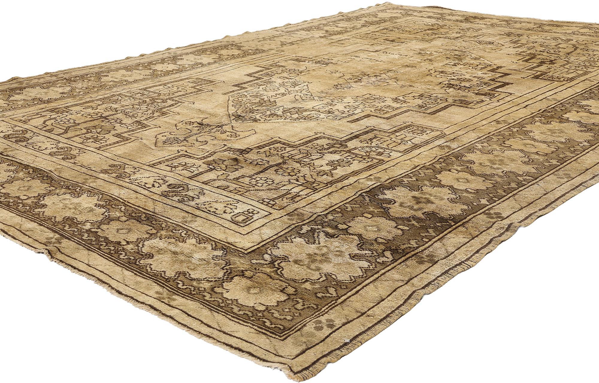 74073 Vintage Earth-Tone Turkish Oushak Rug, 07’08 x 11’09. Woven with the mellowed threads of time, this hand-knotted wool vintage Turkish Oushak rug unveils a narrative steeped in the golden glow of antiquity. At its heart lies a majestic stepped