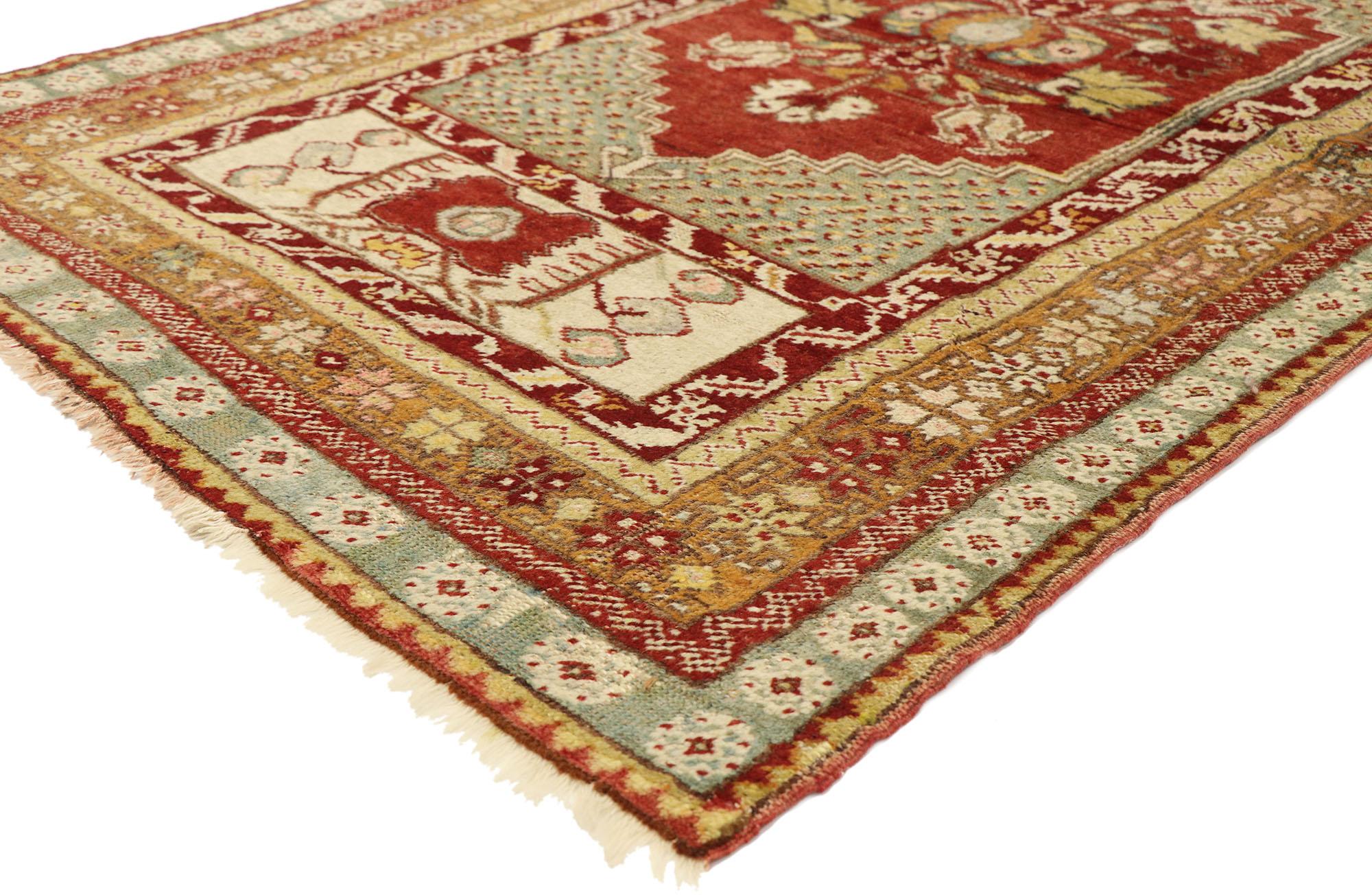 73644, vintage Turkish Oushak rug with traditional style 03'00 X 05'06.? Warm and inviting with a timeless design, this hand knotted wool vintage Turkish Oushak rug beautifully embodies a traditional style. The stepped cut-out field displays a