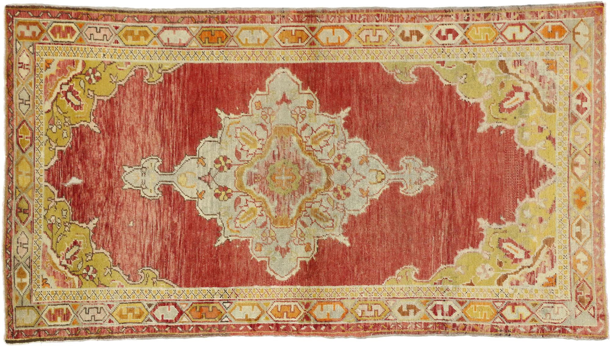50669 Vintage Turkish Oushak Rug with Traditional Rustic Style 03'07 x 06'06. Warm and inviting, this hand-knotted wool vintage Turkish Oushak rug features an ornate centre medallion in an open abrashed brick red field. Each corner spandrel is